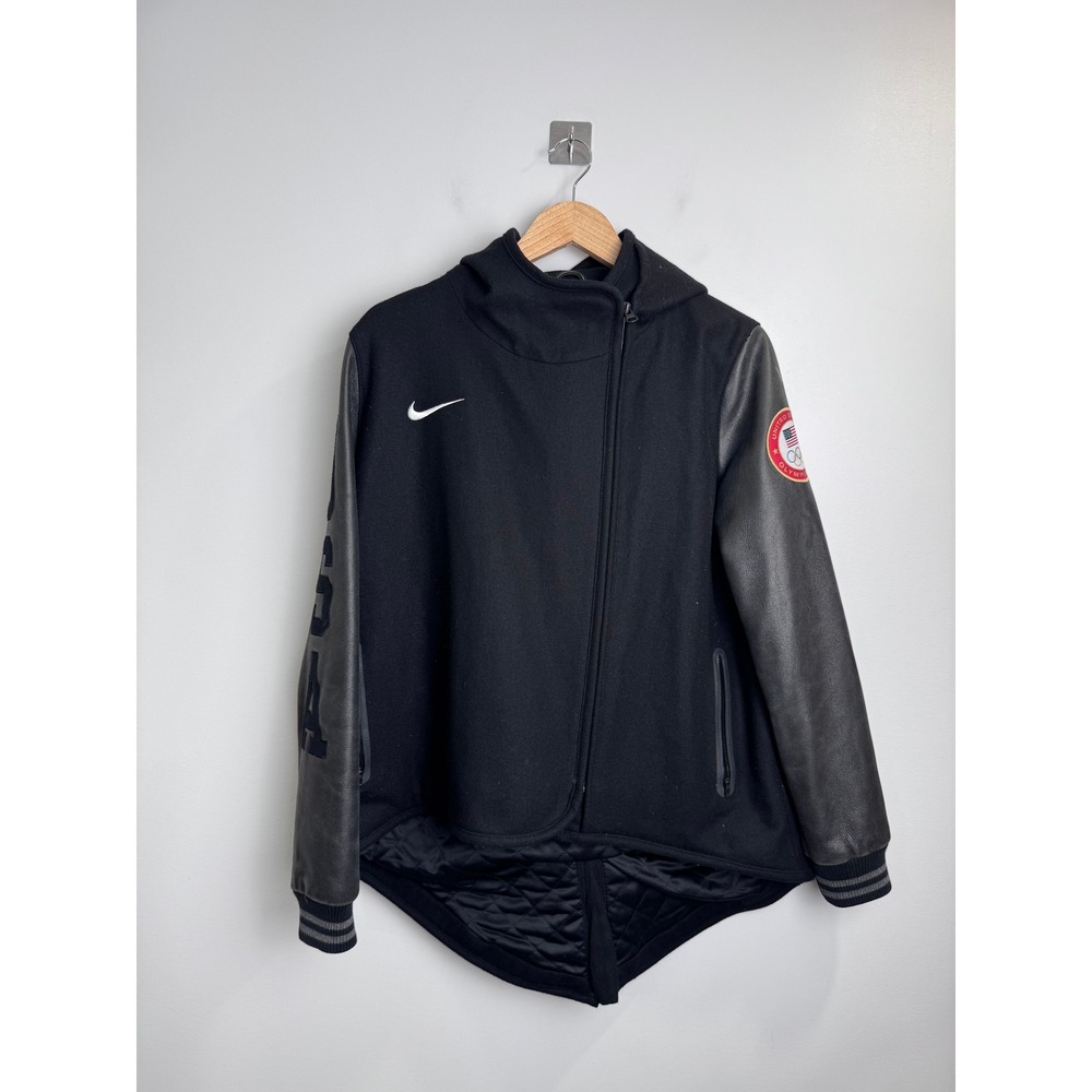Nike Women Black USA Olympic Varsity Jacket Asymmetrical Zip Wool Blend Large